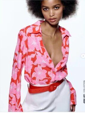 Zara Pink and Red Floral Button-Down Blouse